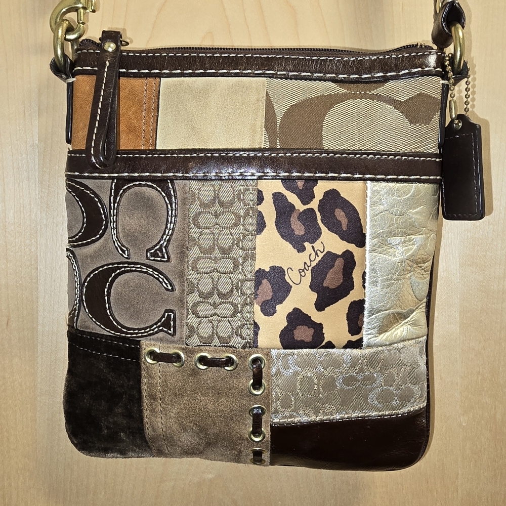Coach Patchwork Crossbody Swingpack Bag Brown Sue… - image 1